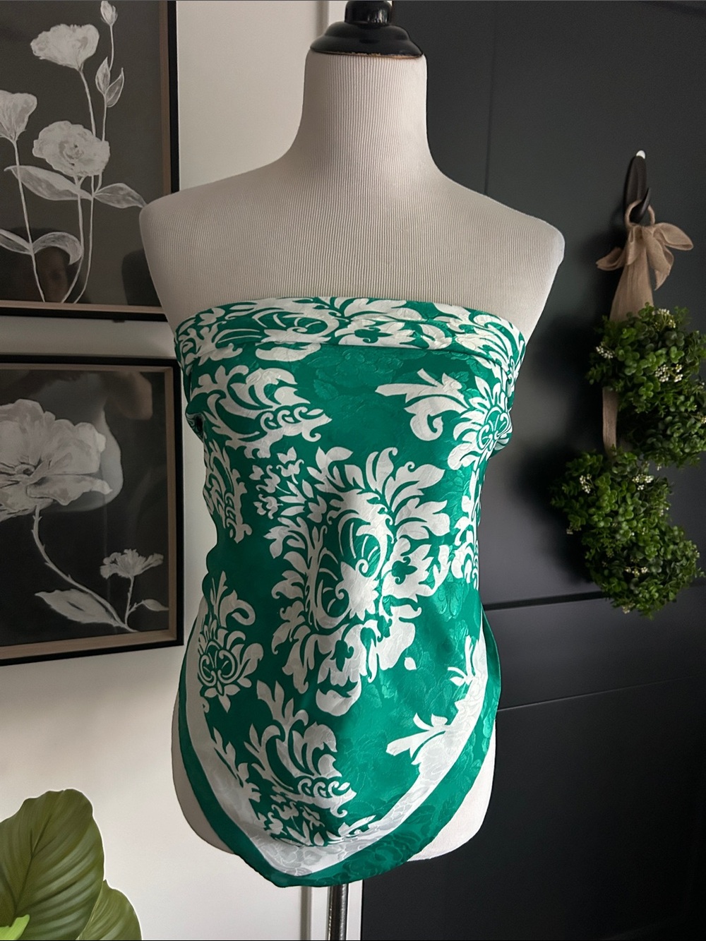 34" x 35" Green & White Floral Silk-Feel Scarf with beautiful rolled hem